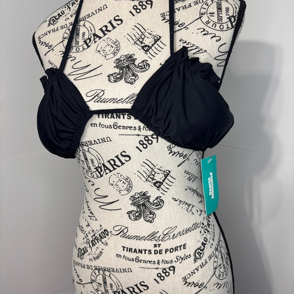 Sports Illustrated Womenโs Large Black Bikini Top Halter Ruffle Swim Top